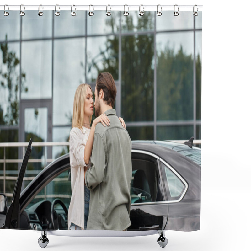 Personality  Seductive Blonde Woman And Trendy Bearded Man In Stylish Casual Clothes Embracing Near Car Shower Curtains