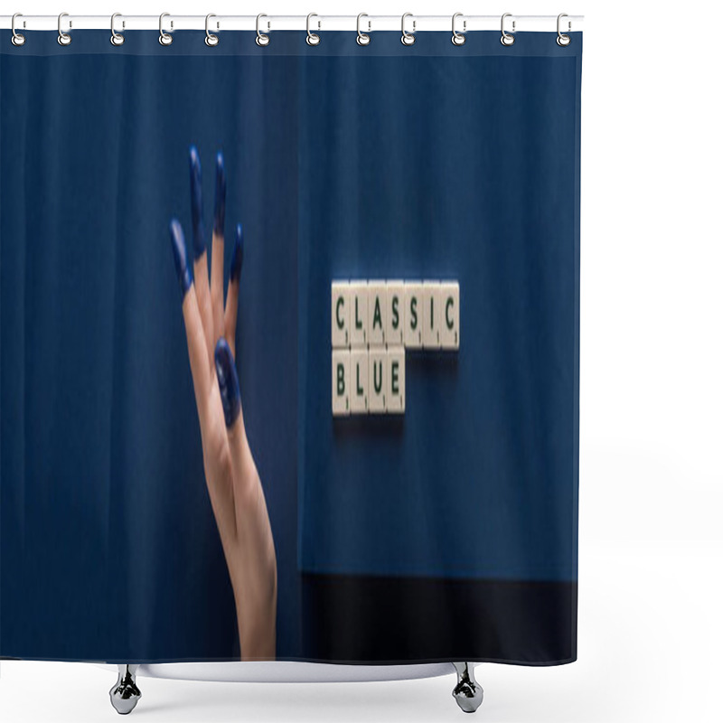 Personality  Cropped View Of Woman With Painted Fingers Near Classic Blue Lettering On Cubes On Blue Background, Panoramic Shot Shower Curtains