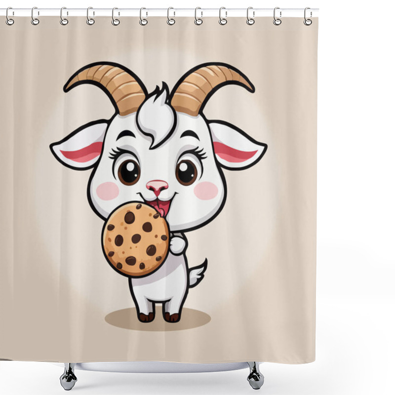 Personality  A Cute Goat Character With Large Eyes And Horns, Happily Holding A Chocolate Chip Cookie Against A Blue Background. Shower Curtains