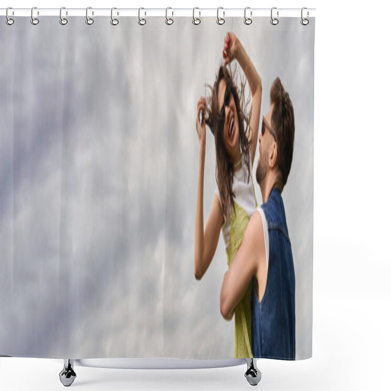 Personality  Smiling Bearded Man In Denim Vest Lifting And Hugging Cheerful Stylish Girlfriend In Sundress And Sunglasses While Standing With Cloudy Sky At Background, Love Story And Countryside Adventure, Banner Shower Curtains