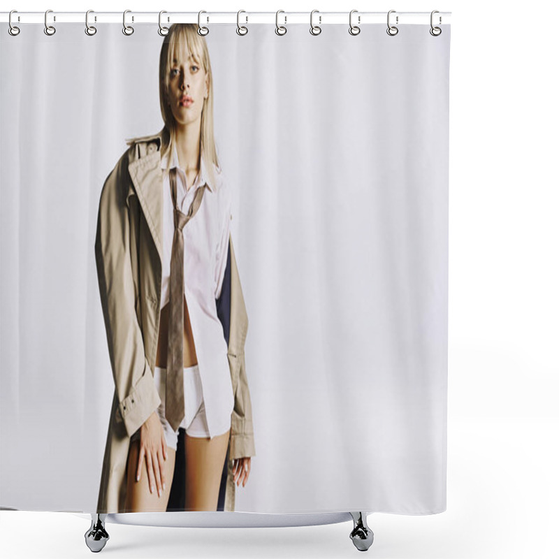 Personality  Stylish Woman Poses Confidently, Juxtaposing Short Shorts With A Trench Coat. Shower Curtains