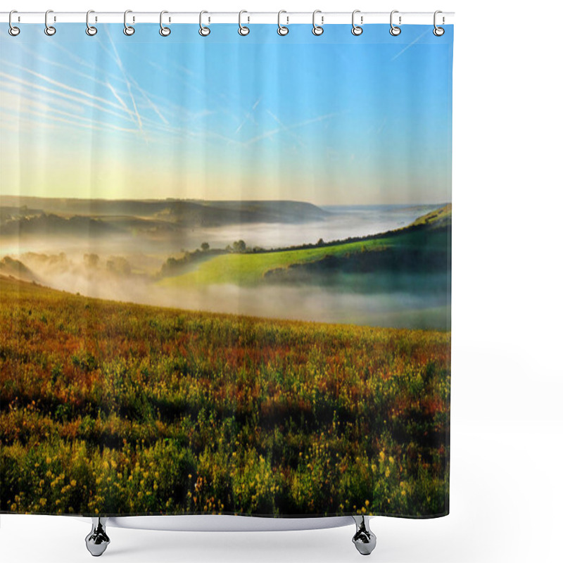 Personality  Cuckmere Valley, East Sussex, United Kingdom, UK, Covered In Mist In The Lower Part Of The Valley With Clear Green Rolling Hills Above With The Sun Shining On Them The Sea Is In The Background With A Orange Glow In The Blue Sky  Shower Curtains