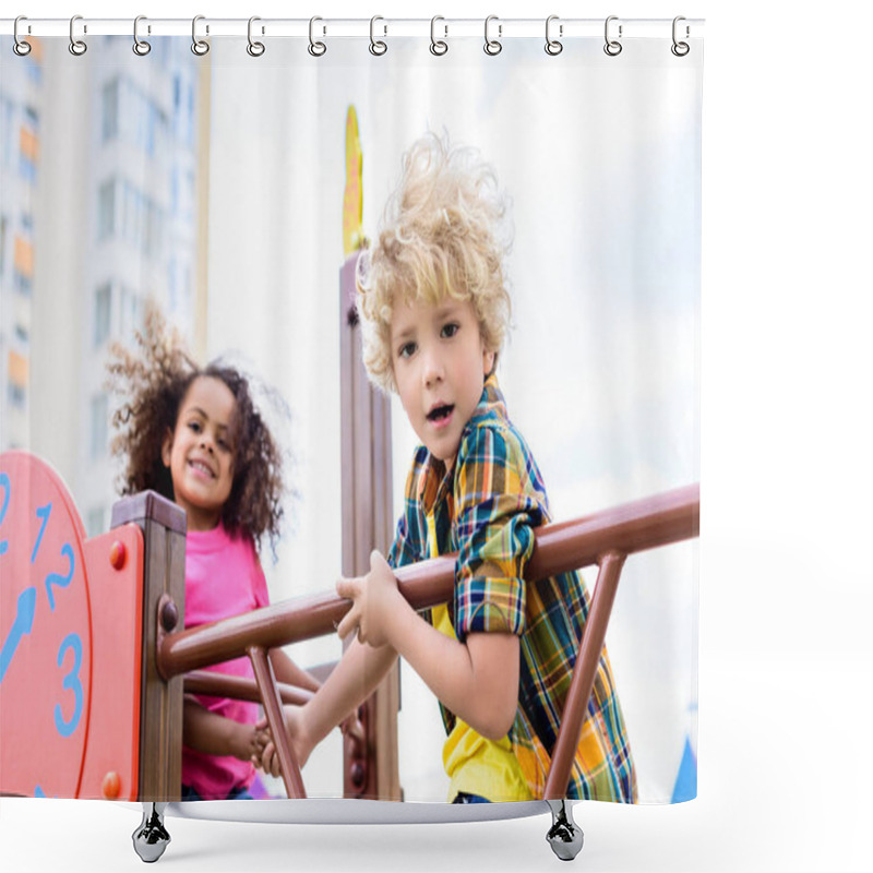 Personality  Selective Focus Of Two Multiethnic Little Kids Having Fun At Playground  Shower Curtains