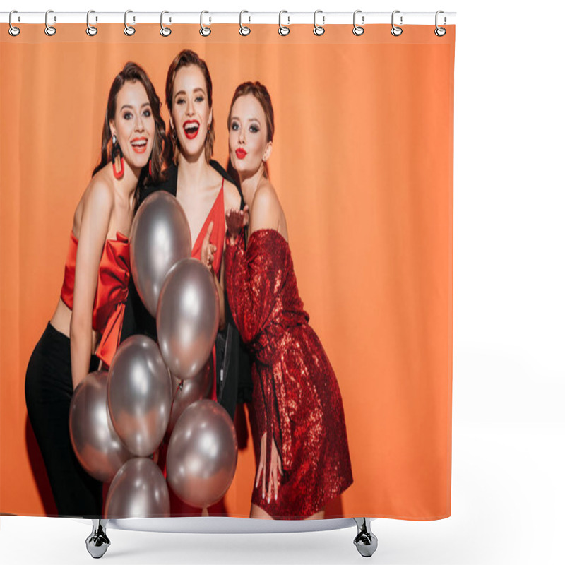 Personality  Laughing Beautiful Girls In Stylish Party Clothes Holding Bundle Of Grey Balloons And Looking At Camera Isolated On Orange Shower Curtains