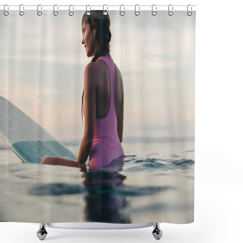 Personality  Beautiful Woman Sitting On Surfboard In Ocean At Sunset Shower Curtains