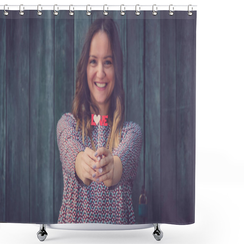 Personality  Beautiful Woman Holding Love Paper Prop Against Wooden Wall Back Shower Curtains