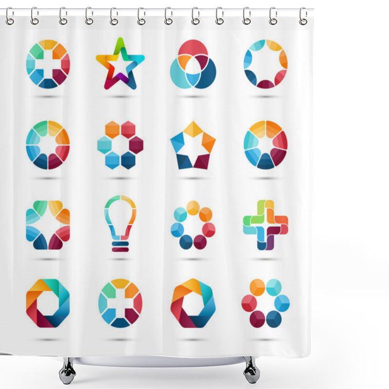 Personality  Logo Templates Set. Abstract Circle Creative Symbols. Circles, Plus Signs, Stars, Triangle, Hexagons, Bulb And Other Design Elements. Shower Curtains