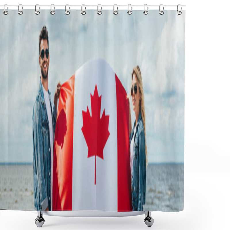 Personality  Panoramic Shot Of Attractive Woman And Handsome Man Smiling And Holding Canadian Flag  Shower Curtains