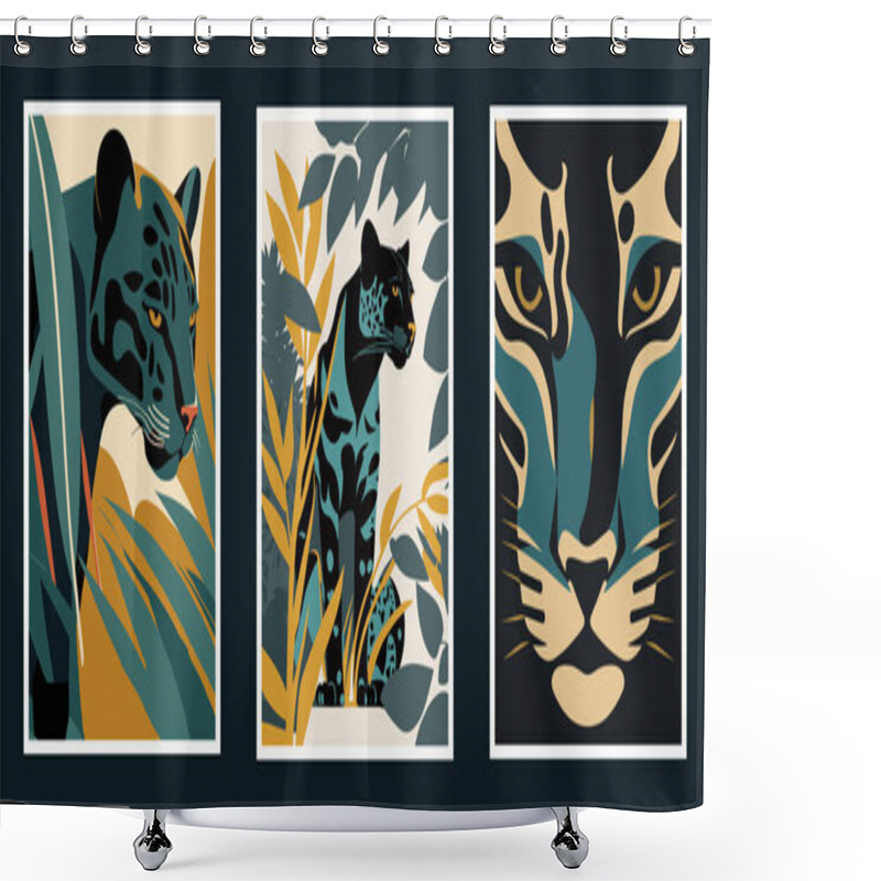 Personality  Set Of Vector Posters With Leopard Silhouettes, Leaves, Plants. Wall Art Print Poster Shower Curtains