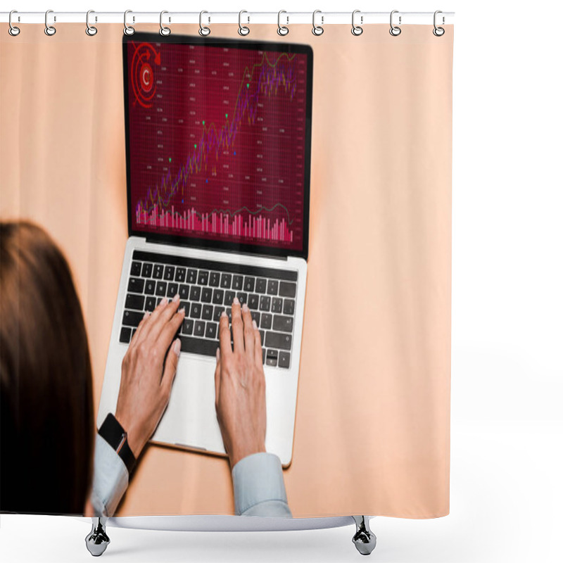 Personality  Cropped View Of Woman Typing On Laptop With Trading Charts And Graphs On Pink  Shower Curtains