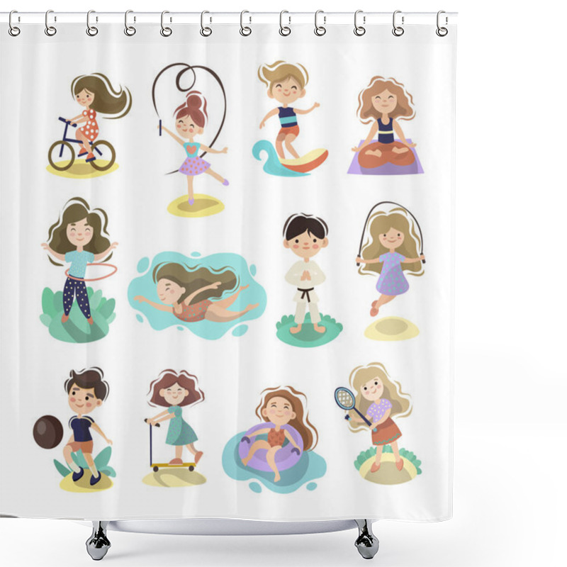 Personality  Kids Doing Sport Games, Vector Cartoon Illustration. Playing, Jumping, Swimming Boys And Girls With Sports Equipment, Balls. Sport Games And Summer Kids Activities With Equipment On White Background Shower Curtains