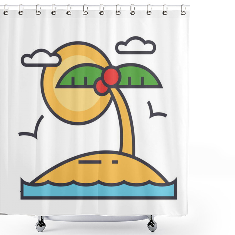 Personality  Tropical Beach Island, Summer Vacation Concept. Line Vector Icon. Editable Stroke. Flat Linear Illustration Isolated On White Background Shower Curtains