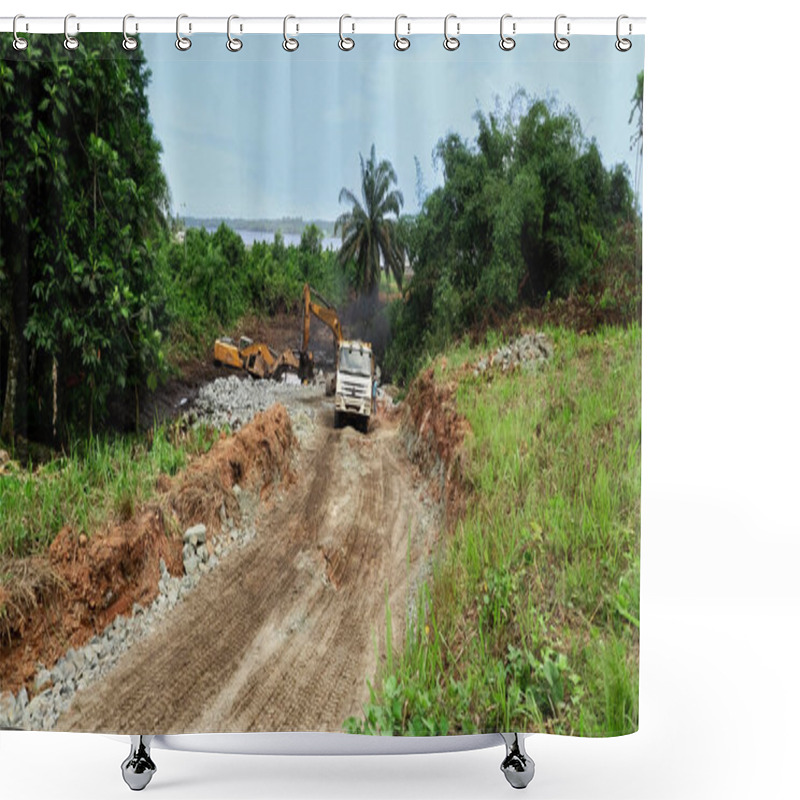 Personality  Excavator Trapped In Tropical Swamp. Construction Equipment Tropical Jungle Africa                                Shower Curtains