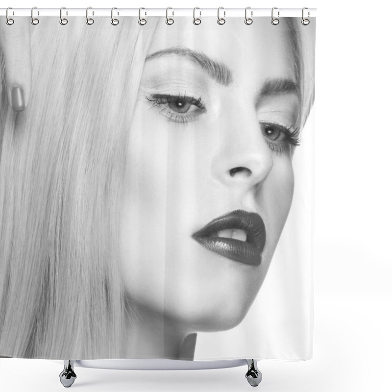 Personality  Portrait Of Woman With Modern Makeup With Dark Lips And Eye-wings Shower Curtains