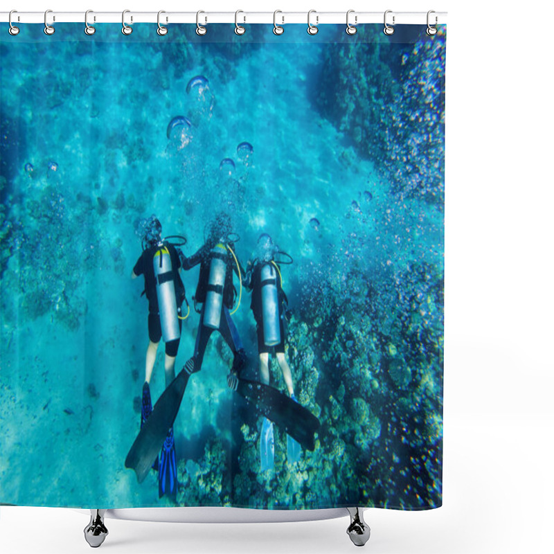 Personality  Group Of Scuba Divers Swimming Under Water. Summer Concept Shower Curtains