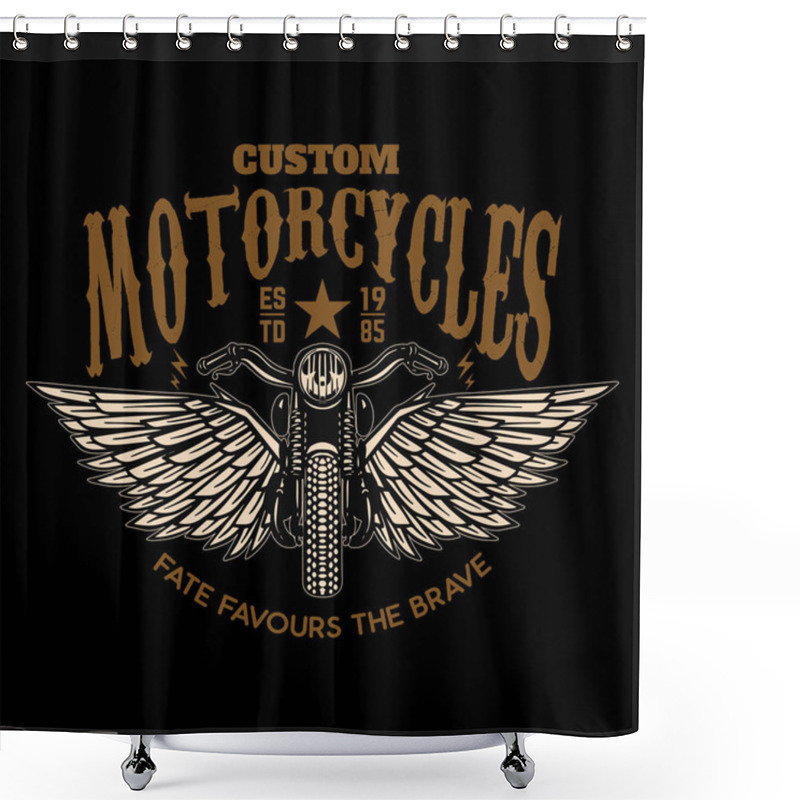 Personality  Custom Motorcycles. Winged Motorbike On Black Background. Design Element For Logo, Label, Emblem, Sign, Poster. Vector Illustration Shower Curtains