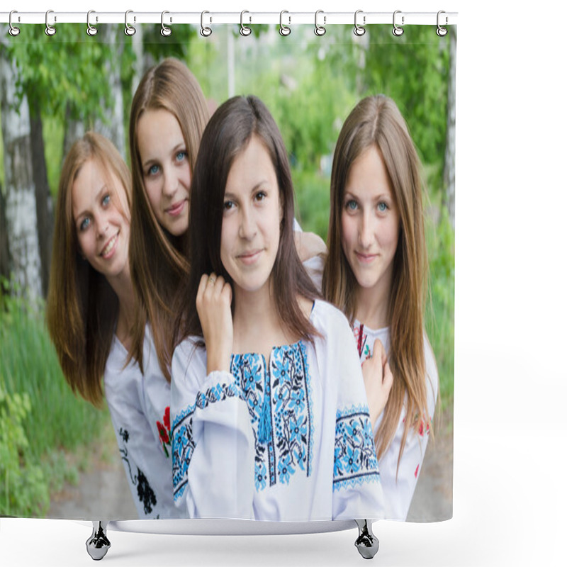 Personality  Four Girls Standing Together In Park Shower Curtains