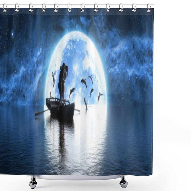 Personality  Man And Woman Kissing On The Background Of The Moon And Playing Dolphins, 3d Illustration Shower Curtains