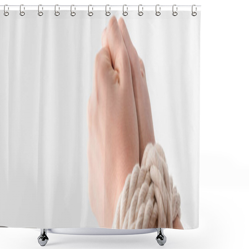 Personality  Panoramic Shot Of Woman With Tied Hands Isolated On White, Human Rights Concept  Shower Curtains