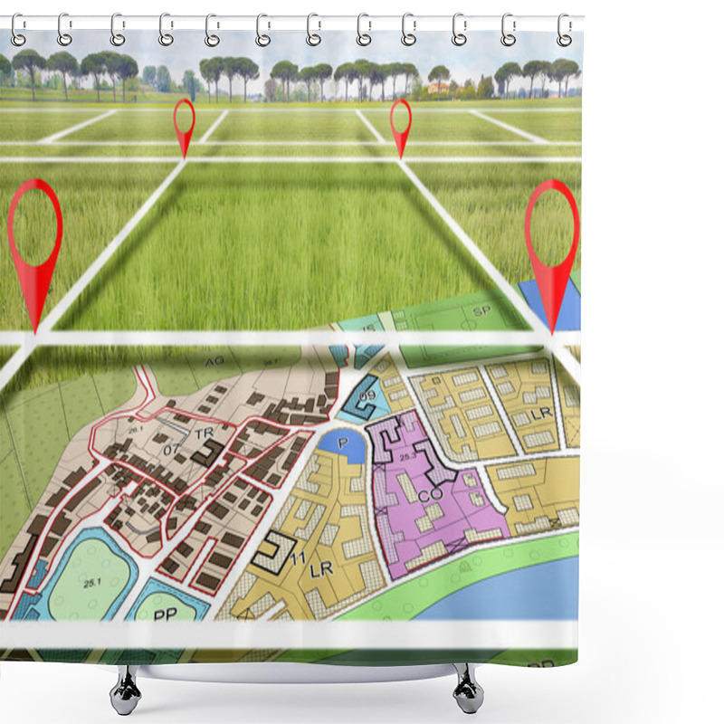 Personality  Land Plot Management - Real Estate Concept With A Vacant Land Available For Building Construction And Housing Subdivision And Imaginary General Urban Plan With Zoning Regulations And Land Use Shower Curtains