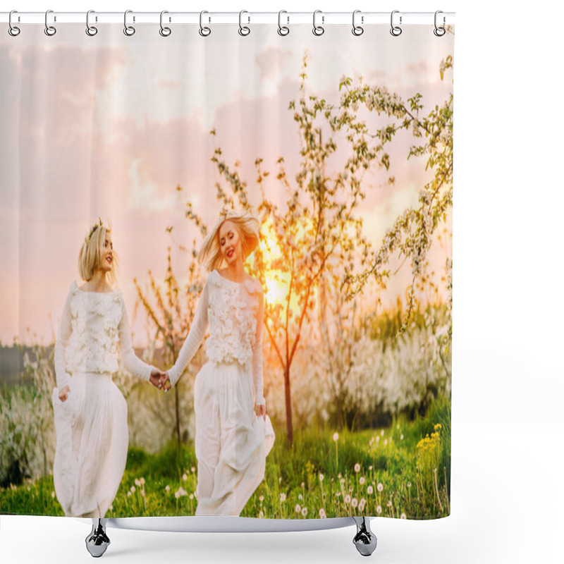 Personality  Two Twin Sisters In A Cherry Blossom Shower Curtains