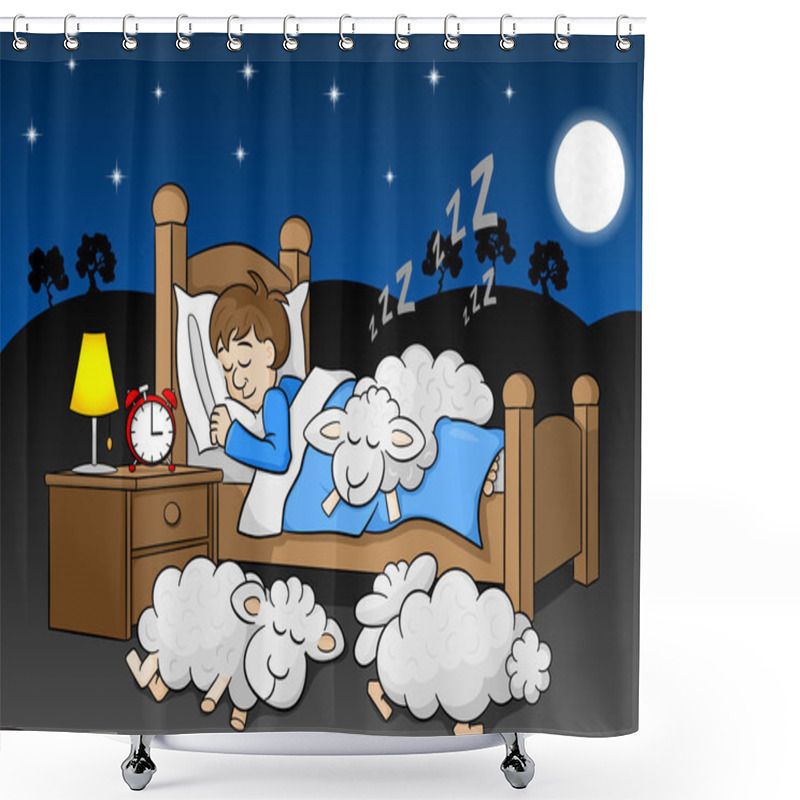 Personality  Sheep Fall Asleep On The Bed Of A Sleeping Man Shower Curtains