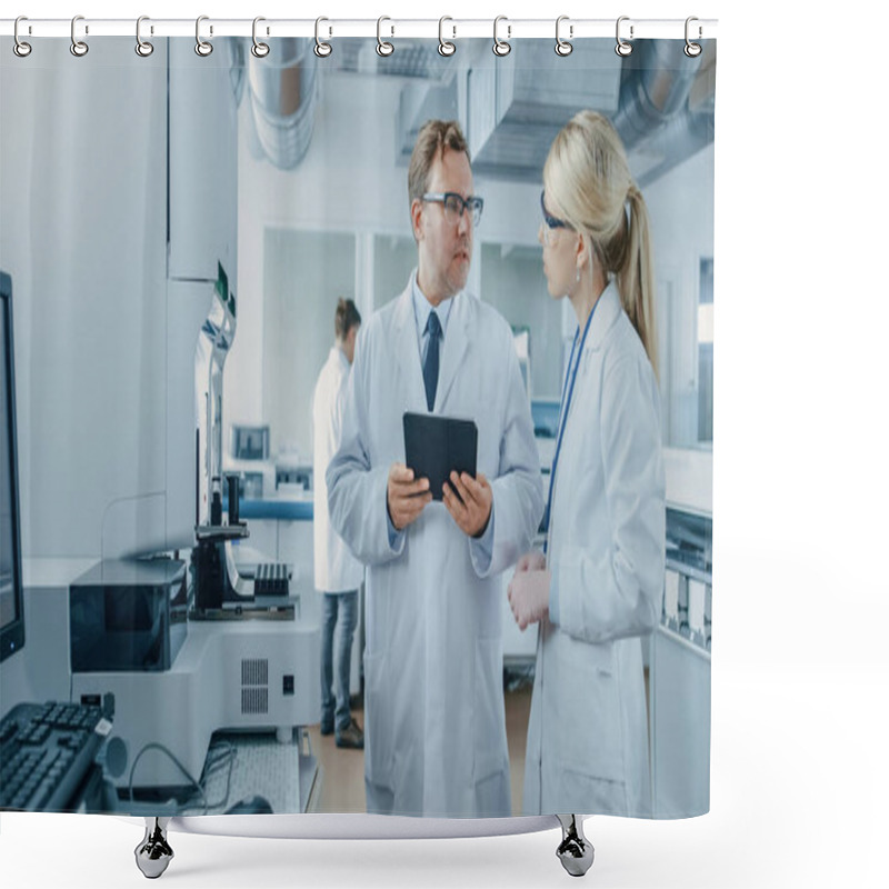 Personality  Male And Female Research Scientists Talking, Using Digital Tablet Computer While Working On Genetics Research Project In Innovative Laboratory. Shower Curtains