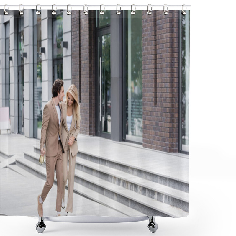 Personality  Full Length Of Smiling Couple In Stylish Suits Walking With Champagne Bottle Near Building Shower Curtains