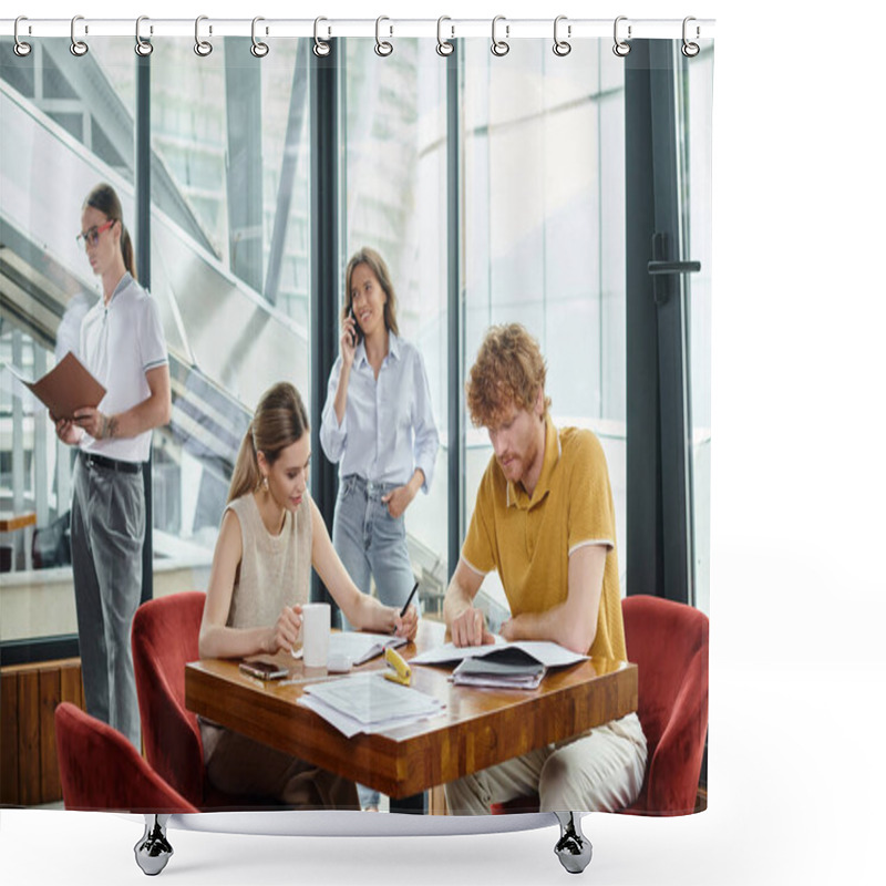 Personality  Four Young Colleagues Working On Their Papers Together And Talking On Phone, Coworking Concept Shower Curtains