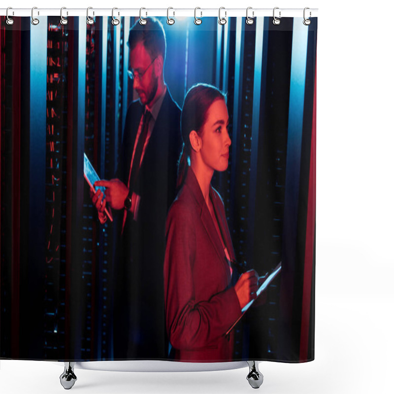 Personality  Selective Focus Of Attractive Businesswoman Near Businessman With Digital Tablet In Data Center  Shower Curtains