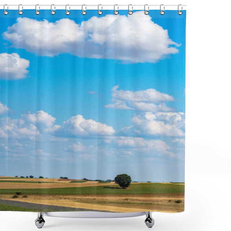 Personality  Explore The Vibrant Summer Landscapes Of Lavanda Fields In Brihuega, Spain, Featuring Rolling Hills And A Clear Blue Sky. Shower Curtains