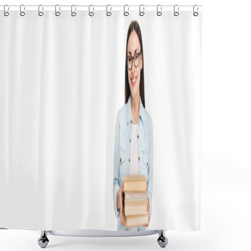 Personality  Happy Brunette Girl In Glasses In Denim Jacket Holding Books Isolated On White, Panoramic Shot Shower Curtains