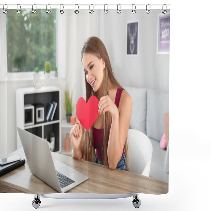 Personality  Young Woman With Laptop Having Online Dating At Home Shower Curtains