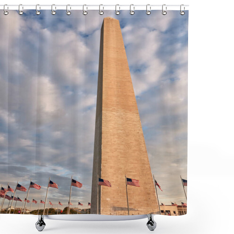 Personality  A Row Of Four American Flags Stand Tall, Waving Gracefully In The Evening Breeze Against A Backdrop Of A Partly Cloudy Sky. The Flags Are Positioned In A Park-like Setting With Lush Green Grass And Trees. Shower Curtains