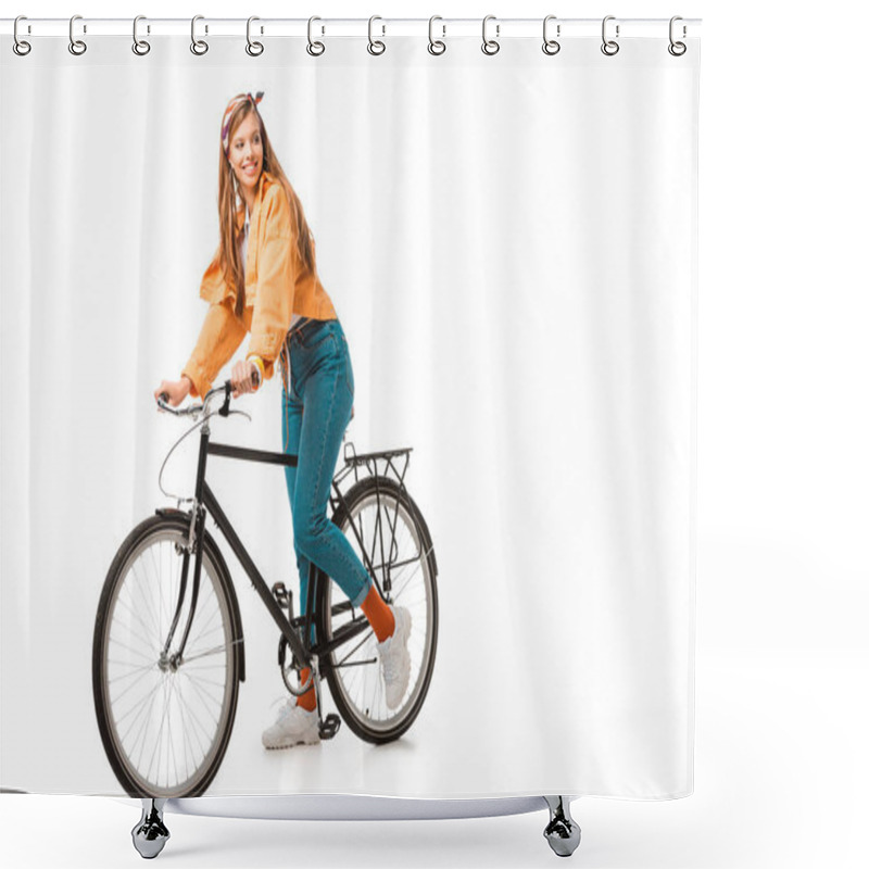 Personality  Smiling Beautiful Hipster Girl Sitting On Bicycle Isolated On White Shower Curtains