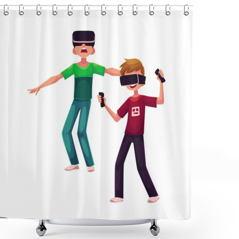 Personality  Two Boys Wearing Virtual Reality Headsets, Simulators, Playing Together Shower Curtains