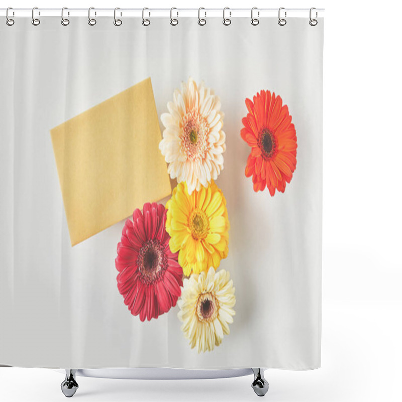 Personality  Top View Of Blank Card And Beautiful Gerbera Flowers On Grey  Shower Curtains