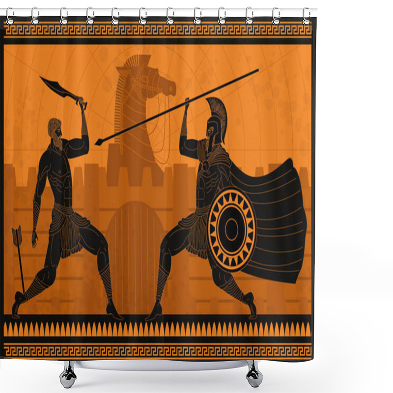 Personality  Orange And Black Figures Pottery Amphora Painting Of Troy War With Achilles Fighting Shower Curtains