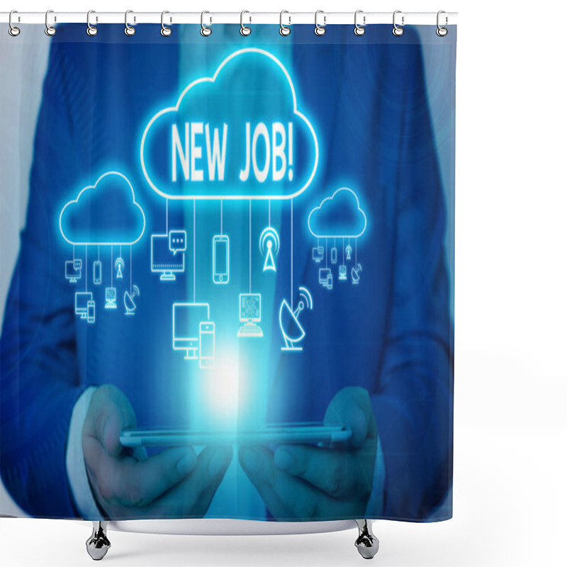 Personality  Word Writing Text New Job. Business Concept For Recently Having Paid Position Of Regular Employment Male Human Wear Formal Work Suit Presenting Presentation Using Smart Device. Shower Curtains