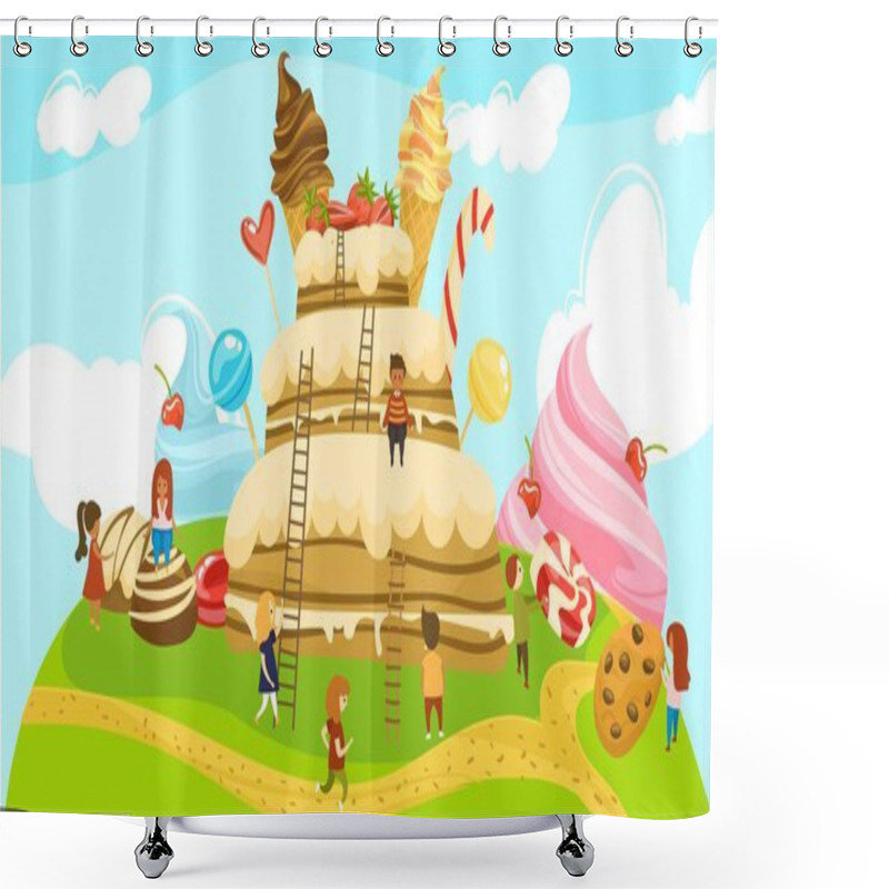 Personality  Little People In Land Of Sweets Fairytale World, Boys And Girls On Ladders To Huge Cake With Icecream Cones Vector Illustration. Shower Curtains