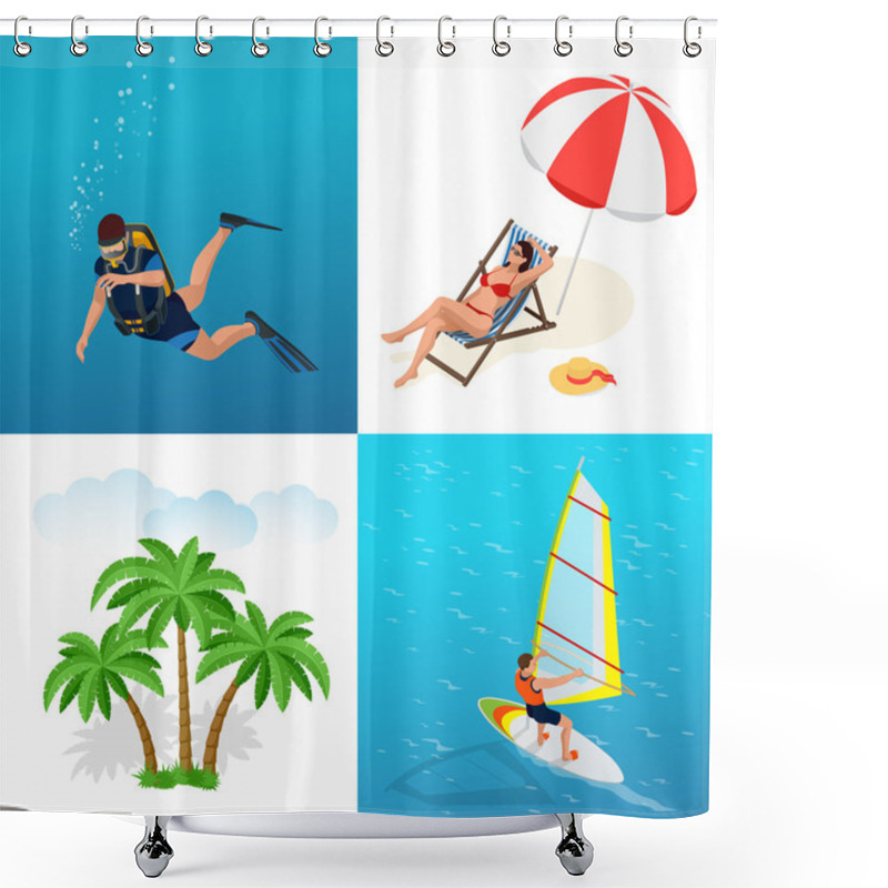 Personality  Beach Icon Set. Girl In A Swimsuit On A Deck Chair, Scuba Diver, Sun Umbrella, Palm, Windsurfer On A Board For Windsurfing. Flat 3d Vector Isometric Illustration. Shower Curtains