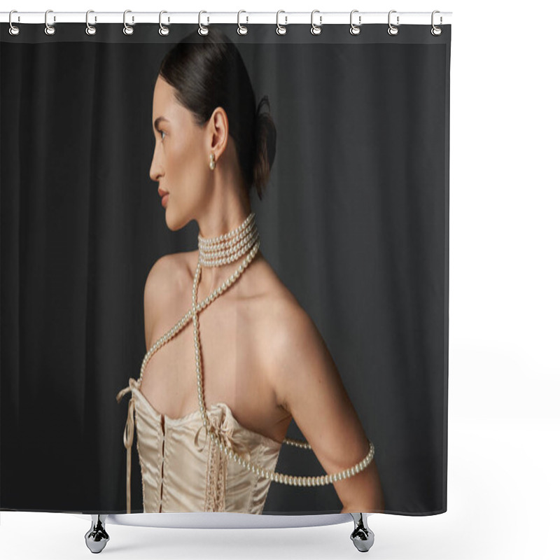 Personality  A Young Woman With Brunette Hair Wears A Pearl Necklace And Looks To The Side Against A Dark Background. Shower Curtains