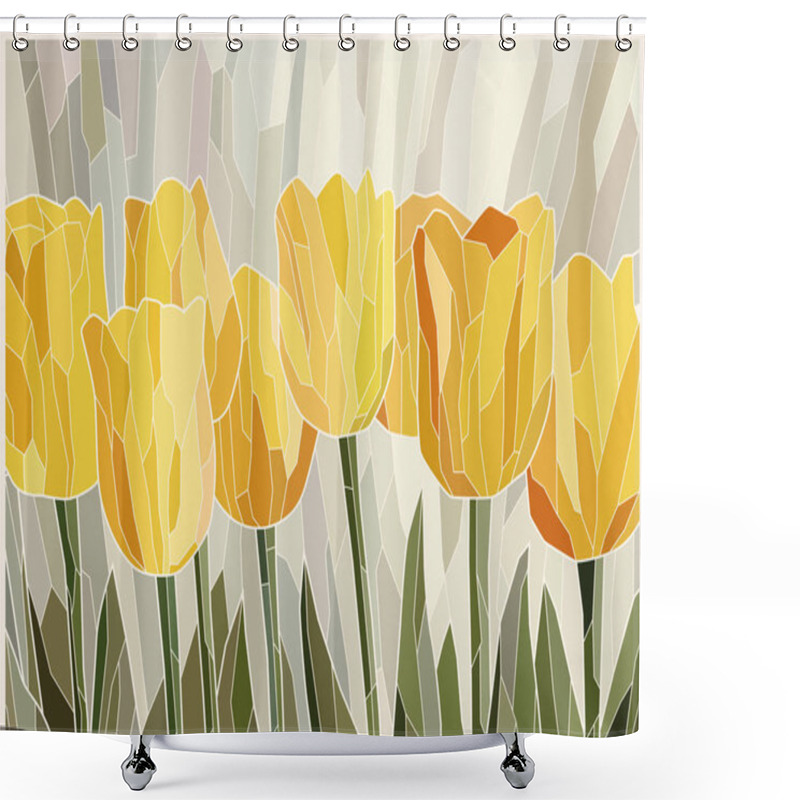 Personality  Stained Glass Yellow Tulips On Gray Scenic Background. Vector Graphics, Mosaic Full Color. Imitation Of Colored Glass Shower Curtains