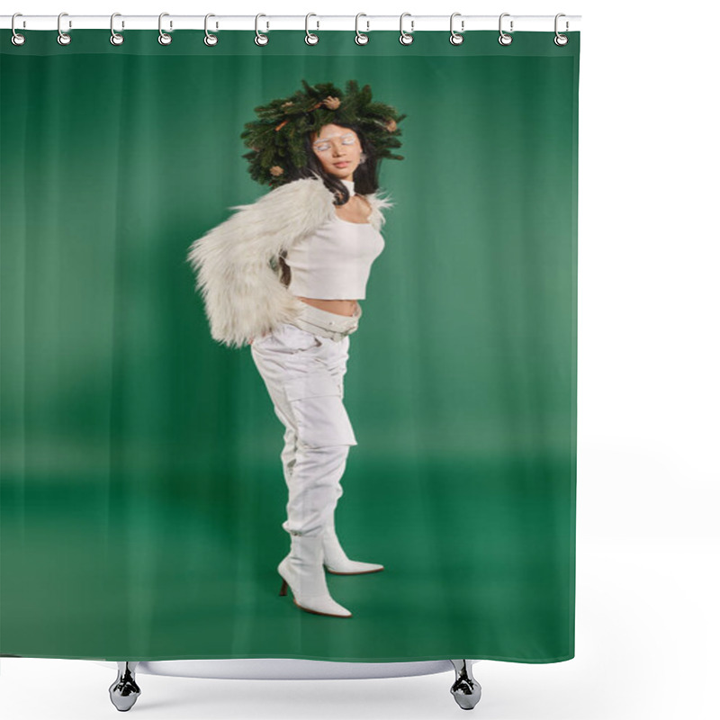 Personality  Festive Season, Asian Woman With White Makeup And Trendy Outfit Posing In Wreath On Green Backdrop Shower Curtains