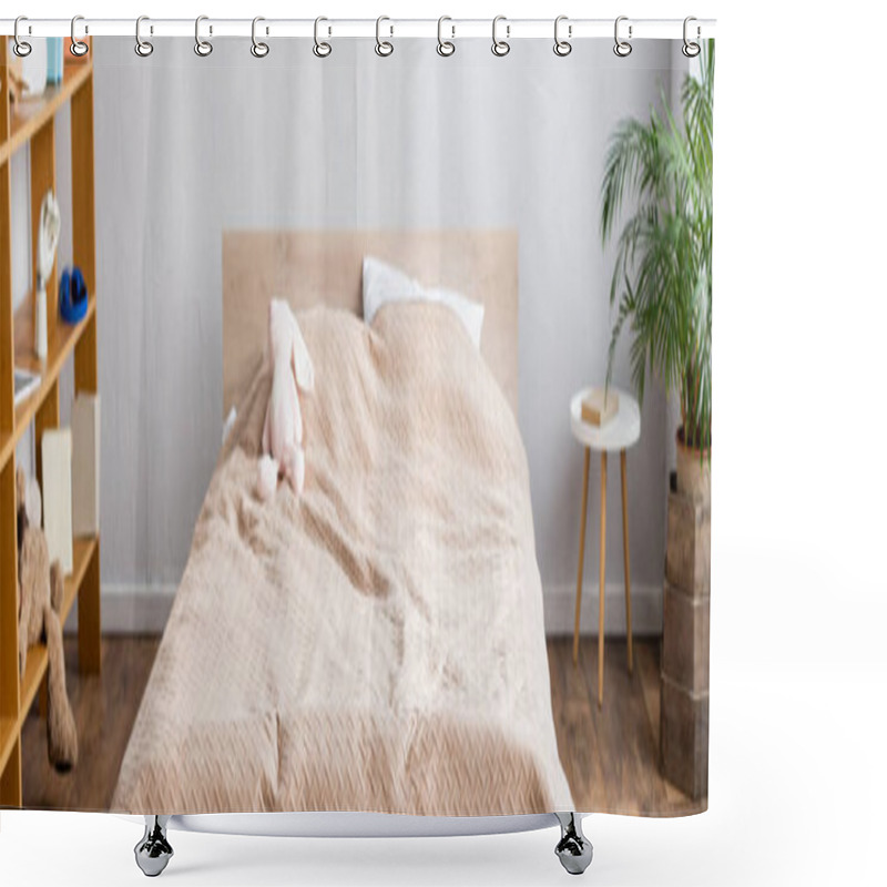 Personality  Horizontal Image Of Bedroom, Bed With Beige Blanket, Rack With Books And Potted Plant  Shower Curtains