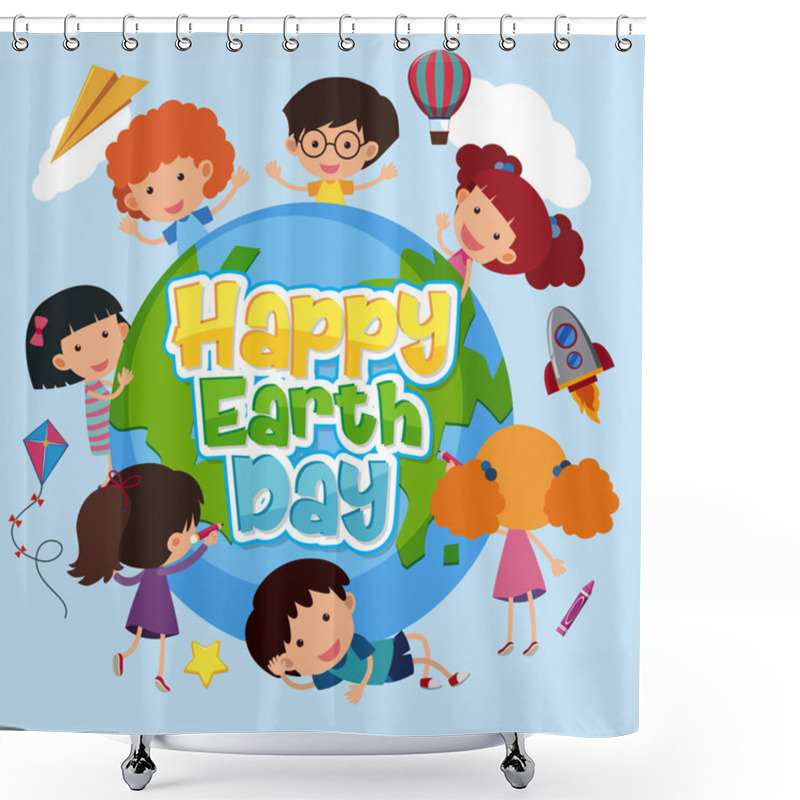 Personality  Poster Design For Happy Earth Day With Happy Kids On Earth Illustration Shower Curtains