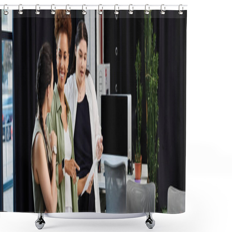 Personality  Three Professional Women Engage In A Lively Discussion While Working On A Project Together. Shower Curtains