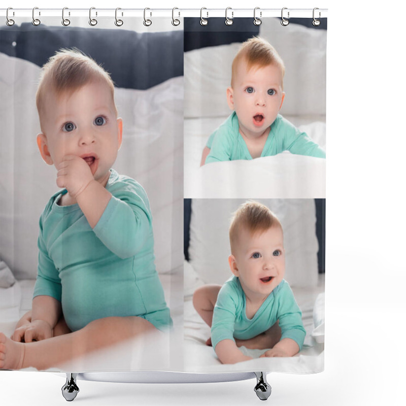 Personality  Collage Of Infant Boy Sitting With Hand In Mouth And Crawling In Bed Shower Curtains