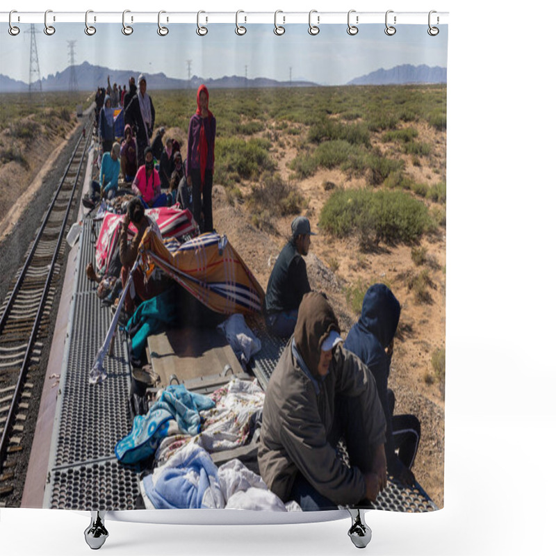 Personality  Hundreds Of Migrants Travel On A Freight Train Known As 'La Bestia' To Reach The Mexico-U.S. Border For Humanitarian Asylum, Juarez, Chihuahua, Mexico, 03102023. Shower Curtains