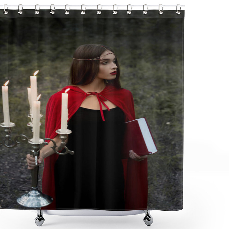 Personality  Beautiful Mystic Girl In Red Cloak Holding Candelabrum With Flaming Candles And Magic Book In Forest Shower Curtains